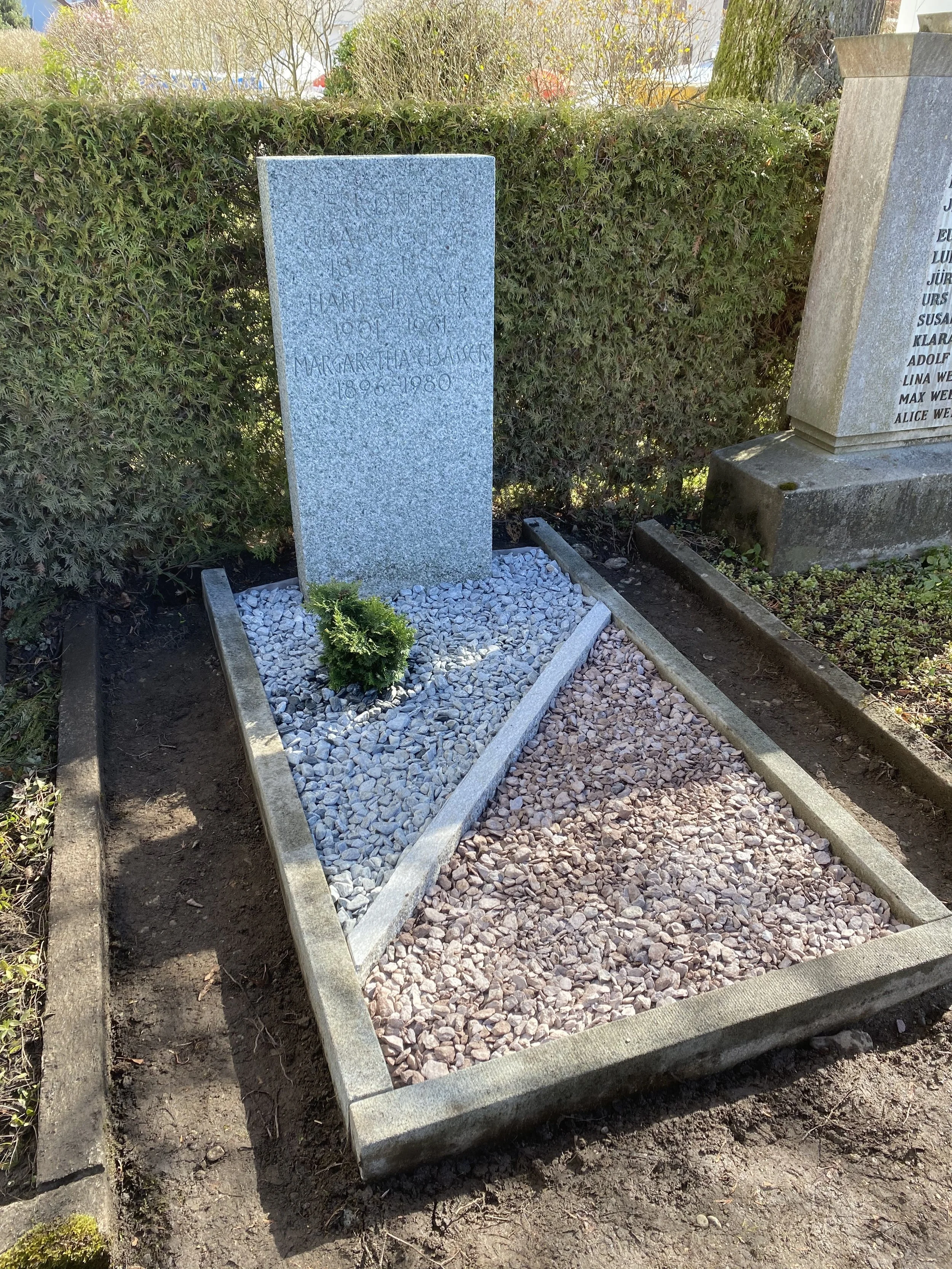Granitgrabstein mit Namen und Lebensdaten, davor ein kleiner immergrüner Strauch, auf der rechten Seite another Grabstein sichtbar, im Hintergrund Büsche und Bäume.