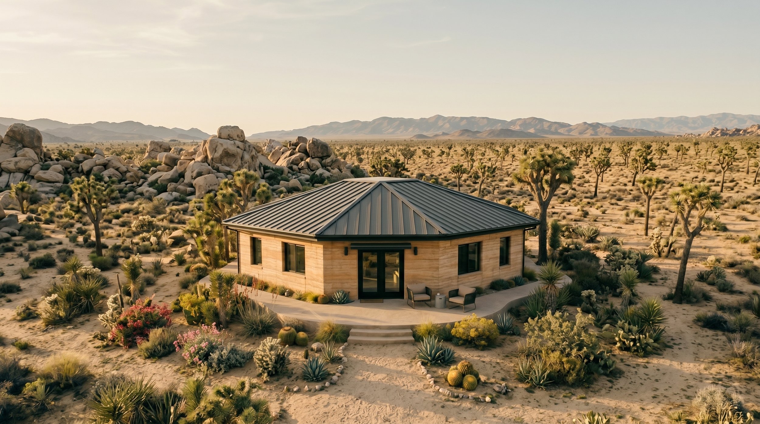 A small house with a black metal roof in a desert landscape surrounded by cacti and desert plants, with mountains in the background.