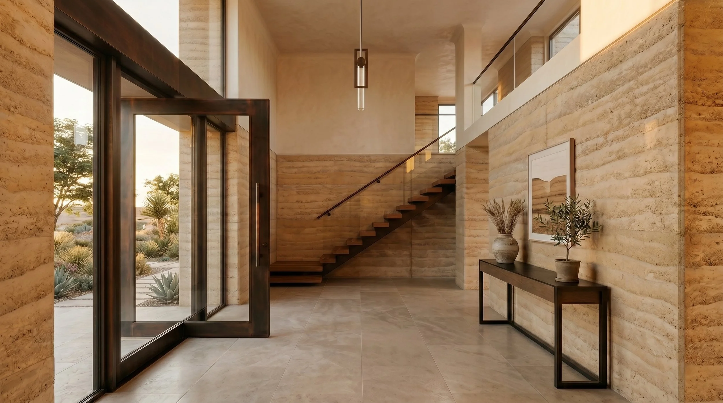 Two Story rammed earth home exterior with staircase and walkway. 