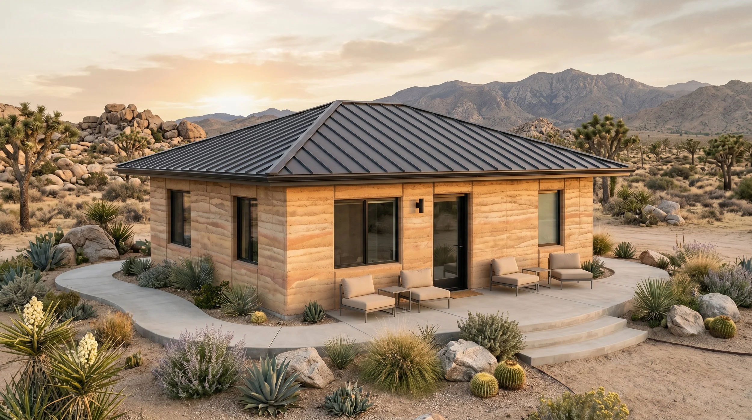 Small rammed earth modern house in desert landscape with mountains in the background, featuring a metal roof and stone exterior, surrounded by desert plants and outdoor seating.