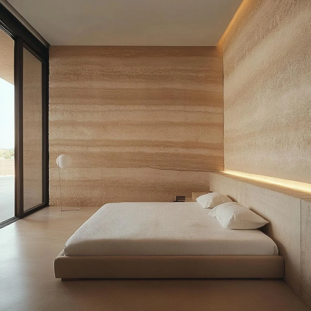 Mold-free, minimalist bedroom with a low bed, two white pillows, a bedside table, and a curved wall with horizontal lines and built-in lighting, next to a sliding glass door leading outside.