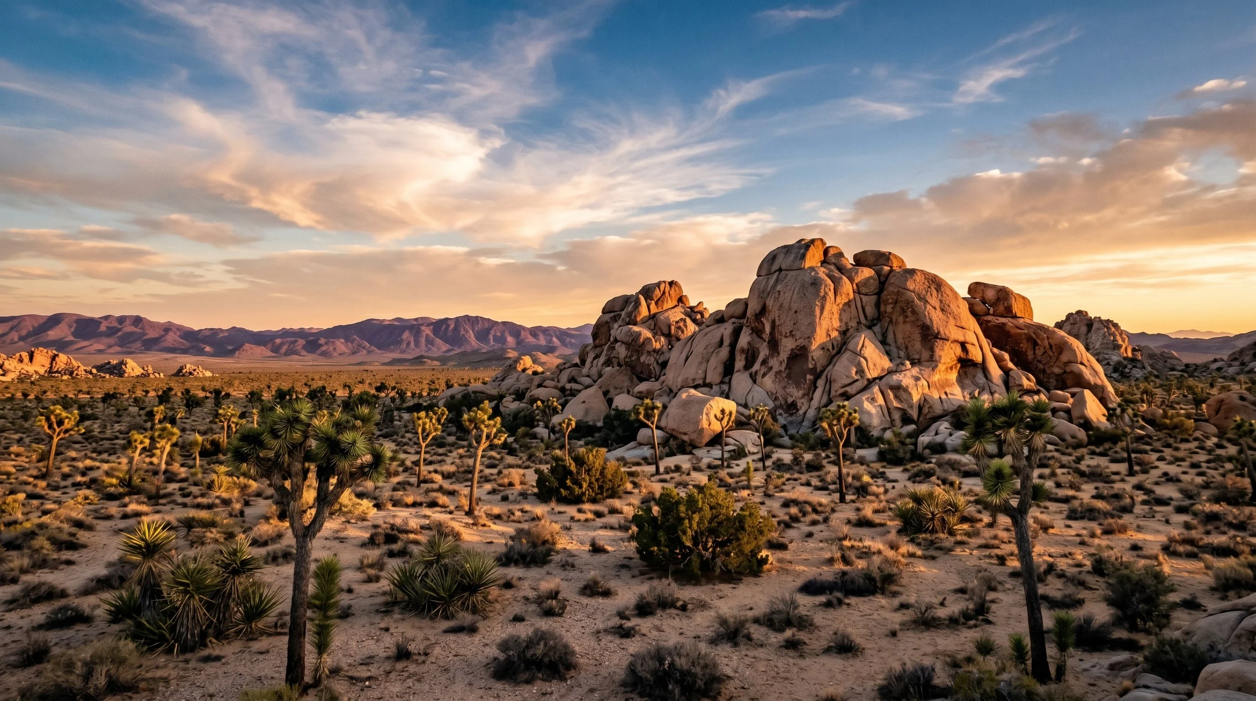 A desert landscape at sunset with large rock formations, desert plants, and mountains in the distance under a partly cloudy sky.
