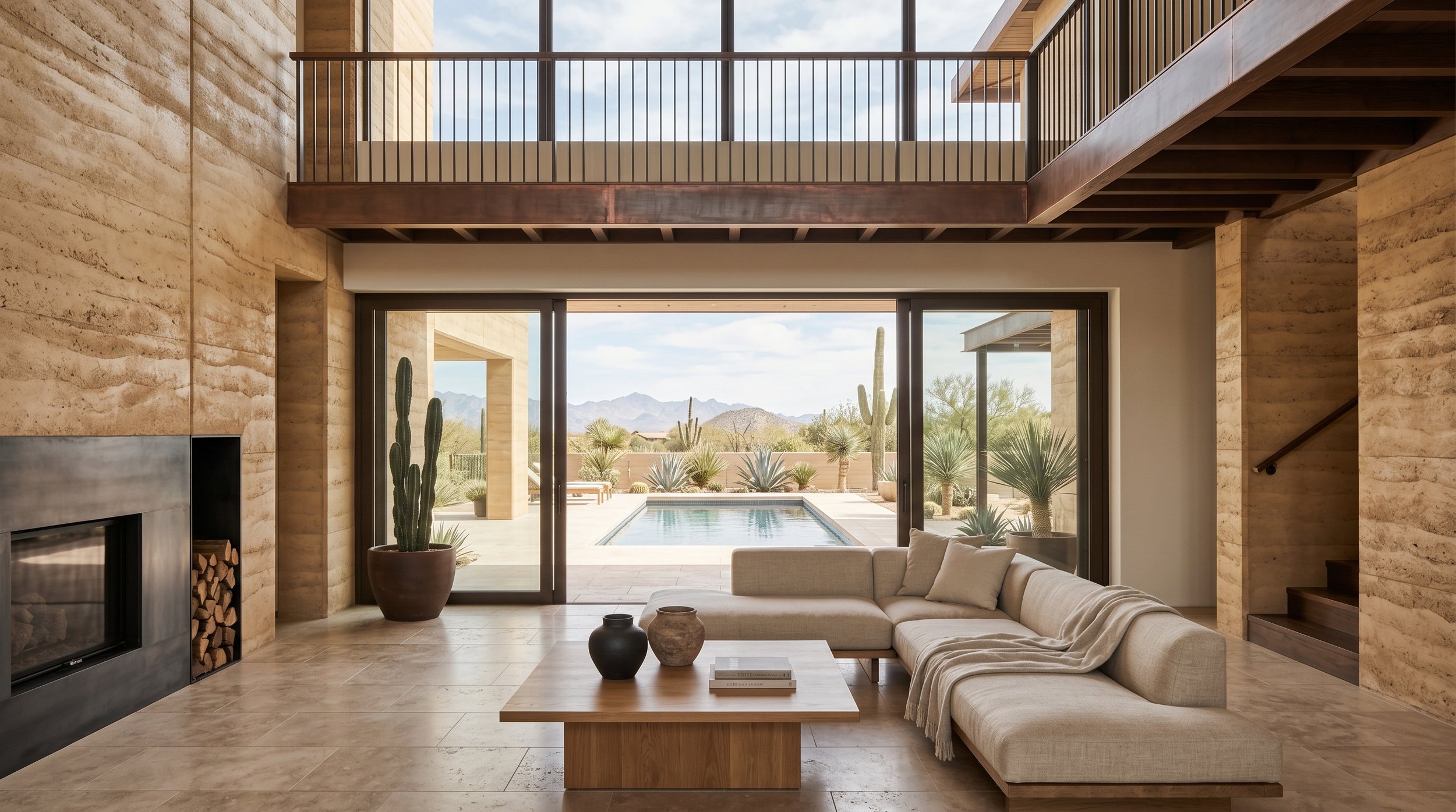 Open Great room rammed earth two story luxury home. 