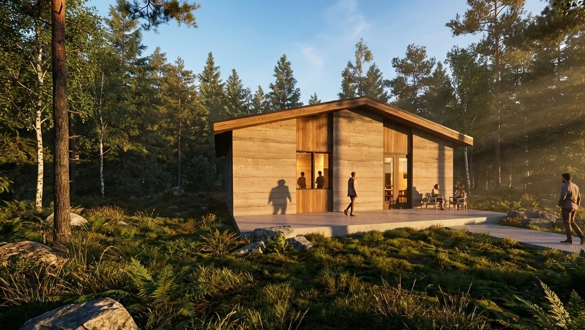A health, rammed earth home in the woods. Designed to be mold-free.