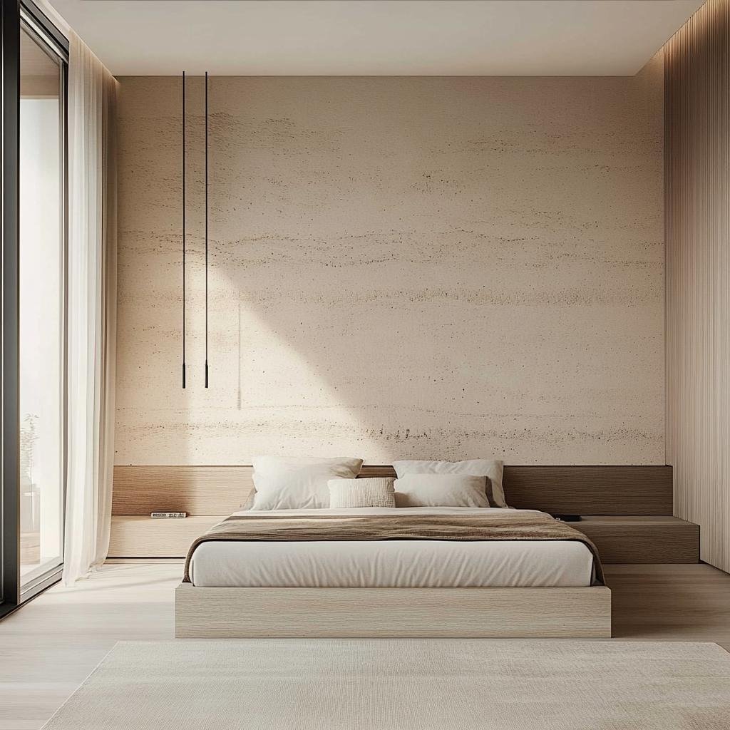 Healthy minimalist bedroom with a low-profile bed, white bedding, and pillows, illuminated by natural light from a sliding glass door with sheer curtains.
