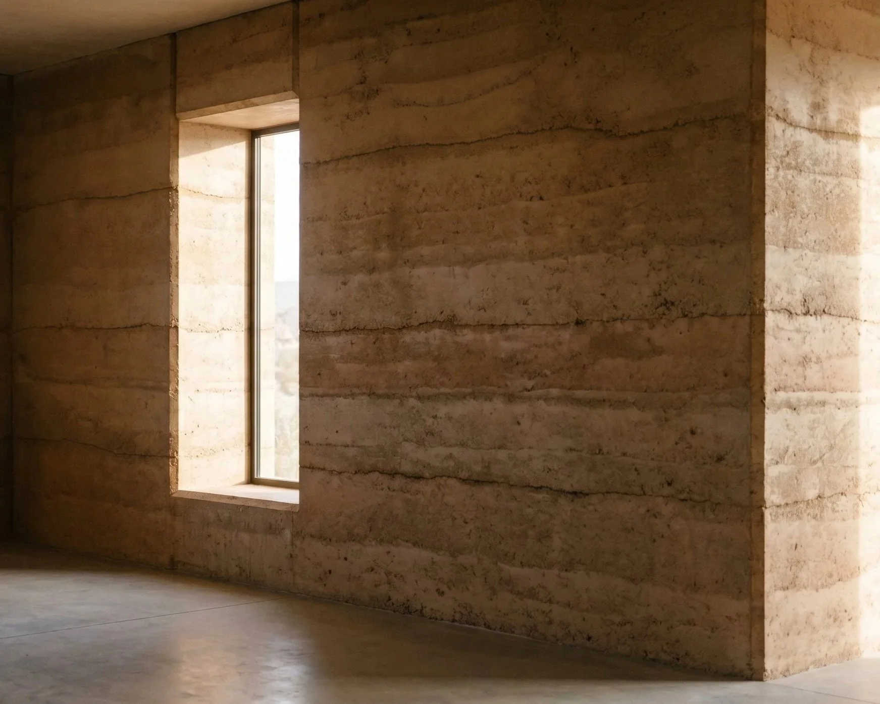 A modern interior with beige stone walls and a tall narrow window letting in natural light.