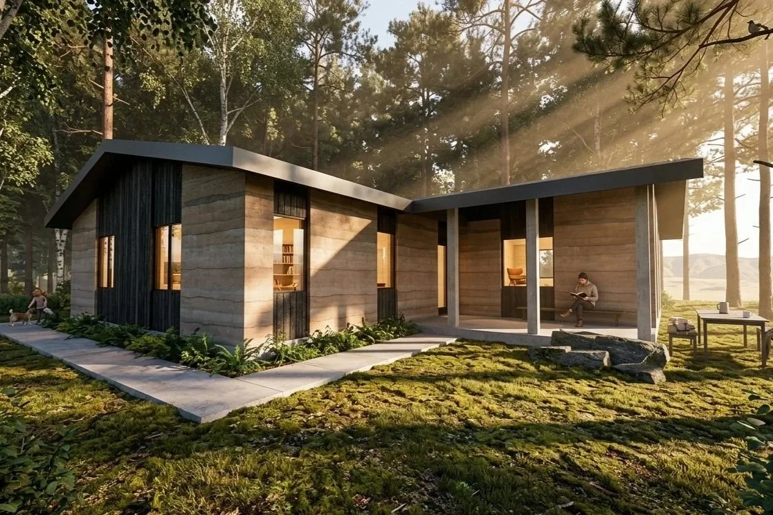 Modern rammed earth home in a wooded area with sunlight filtering through the trees. Designed to create mold-free spaces.