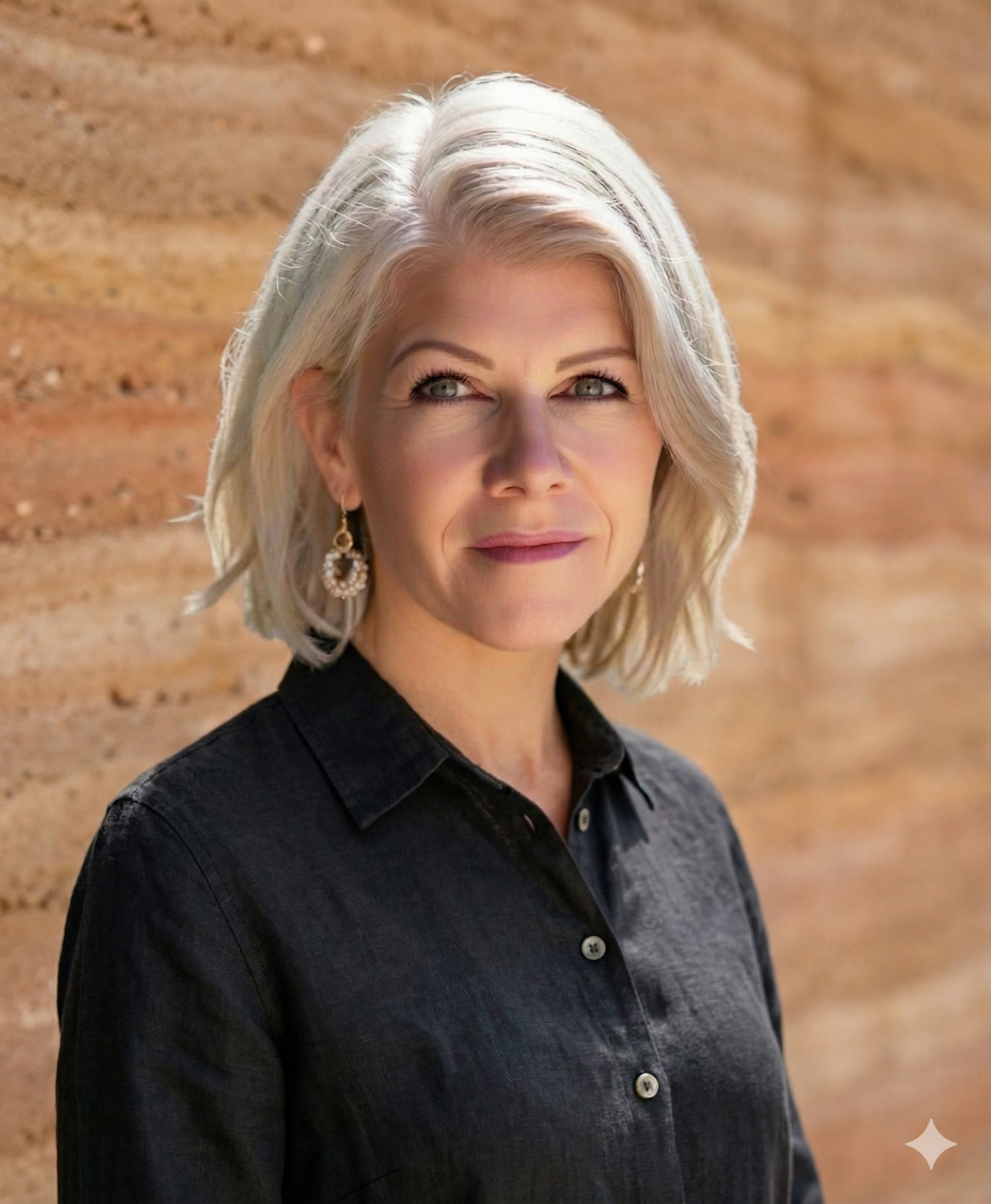 Andrea Keller, architect, a woman with blonde hair and blue eyes, wearing a dark button-up shirt and earrings, standing outdoors with a brick wall background.