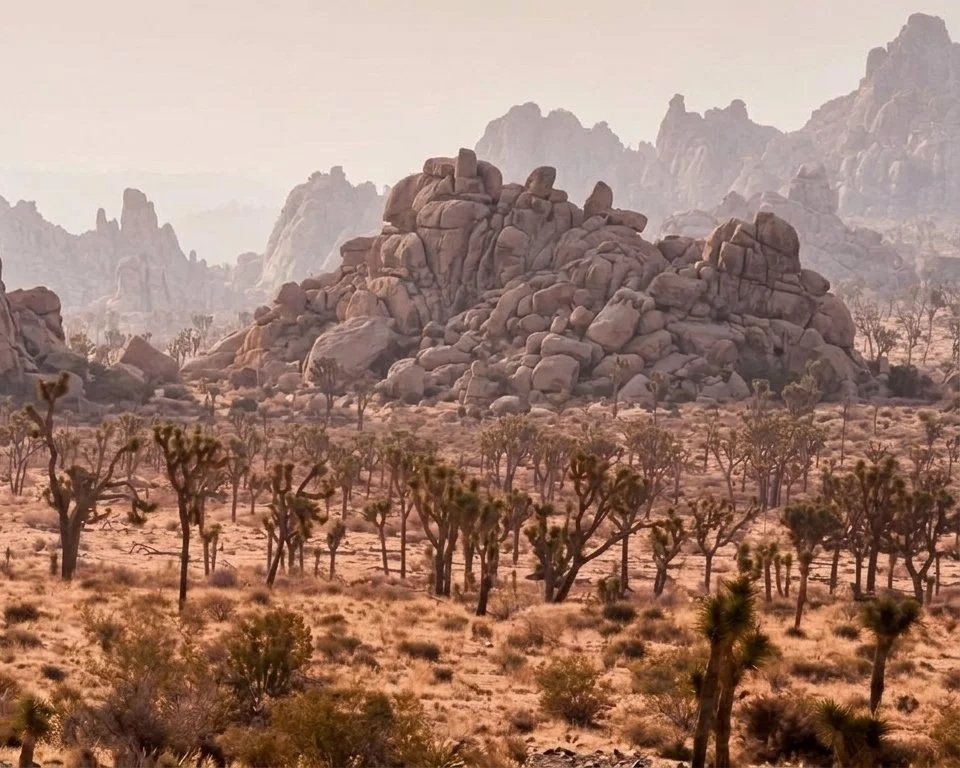 A desert landscape with distant rocky mountains and numerous Joshua trees in the foreground.