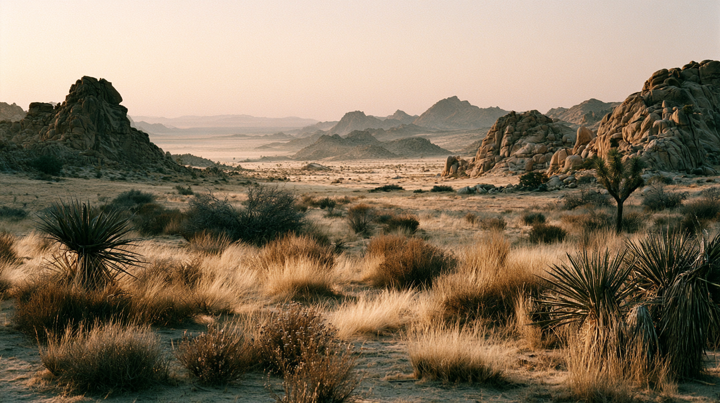 Joshua Tree Desert landscape with rocky formations, sparse vegetation including bushes and Yucca plants, distant mountains, and a hazy sky.
