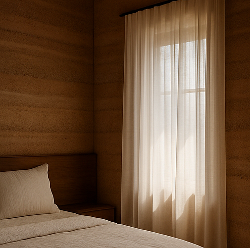 Empty room with rammed earth construction and a rectangular window with natural sunlight entering.