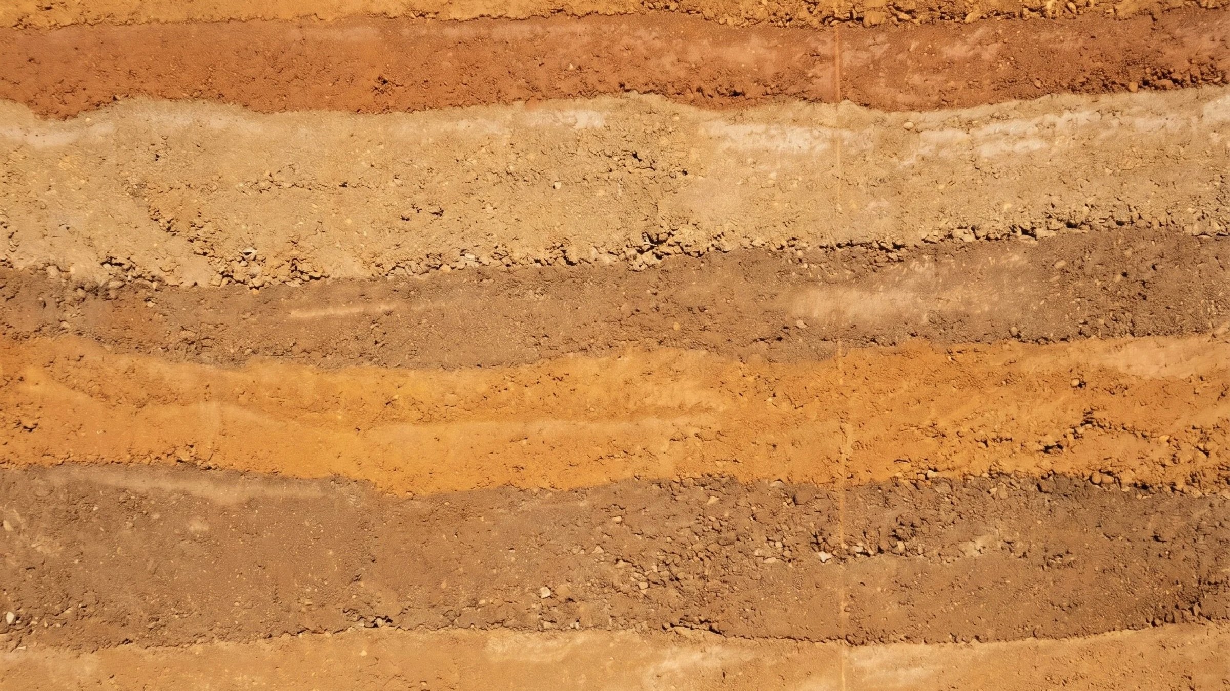 Close-up of rammed earth wall with horizontal rows of reddish and tan bricks.