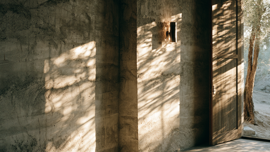 Sunlight creates shadows on a rammed earth wall inside a building with an open wooden door, revealing a view of a tree outdoors.