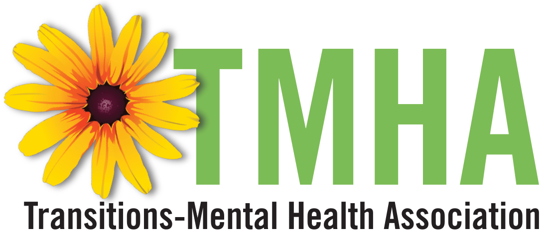 Logo for the Transitions-Mental Health Association featuring a sunflower with yellow and orange petals and dark center, and green text reading 'T M H A' and black text saying 'Transitions-Mental Health Association' below.
