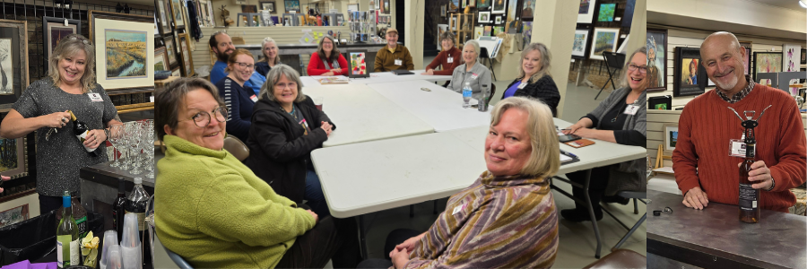 People gathered at a Creative Mixer event at the Alexandria Art Guild, connecting and sharing ideas in a relaxed setting