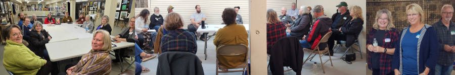 People gathered at a Creative Mixer event at the Alexandria Art Guild, connecting and sharing ideas in a relaxed setting