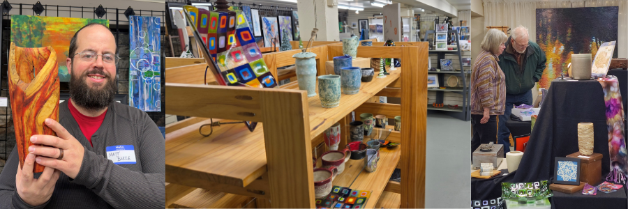 Interior of the Alexandria Art Guild gallery featuring original artwork and artisan-crafted pieces by local artists