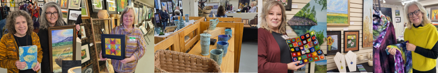 Interior of the Alexandria Art Guild gallery featuring original artwork and artisan-crafted pieces by local artists