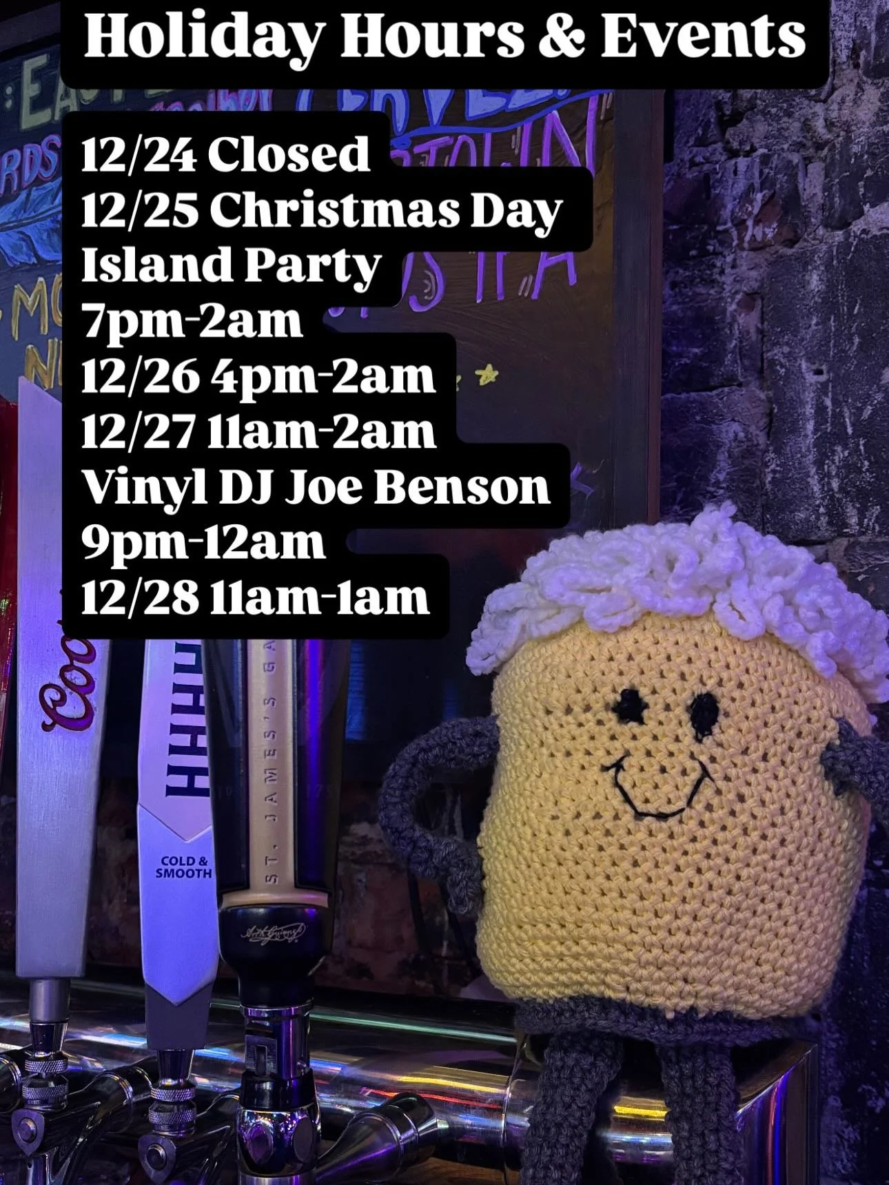 Holiday hours &amp; events! Closed Christmas Eve so we can rest up for Thursday👀👀👀

We&rsquo;re going tropical for the first annual Christmas Day Island Party!! Show up in island gear &amp; get your name entered for a $100 gift card drawing. 

We&