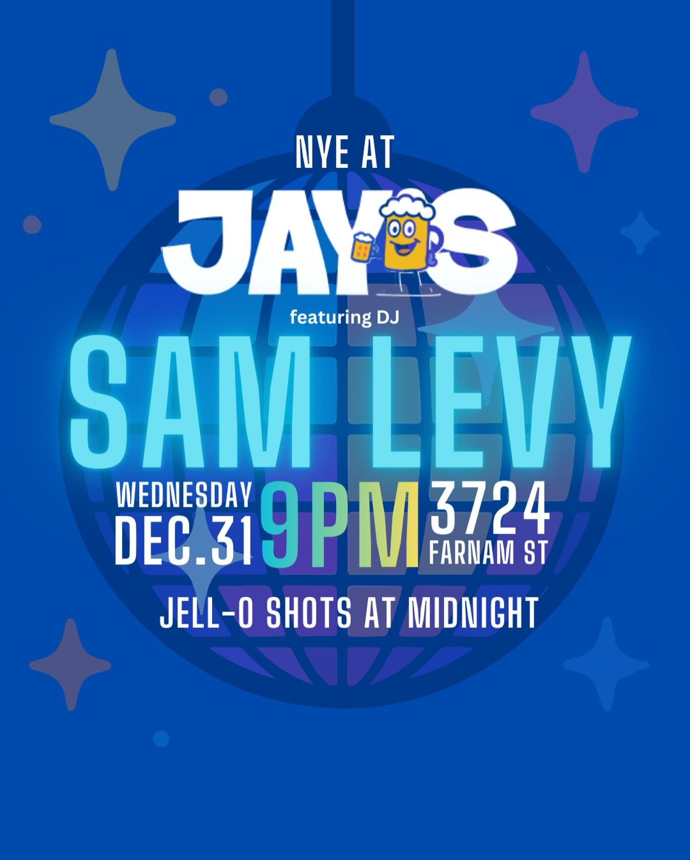 The first NYE @ Jay&rsquo;s is sure to be a good time! 

Open 4pm-2am, DJ starts at 9pm, kitchen&rsquo;s open til 1am! And it wouldn&rsquo;t be a night at Jay&rsquo;s if we didn&rsquo;t top it off with a Jell-O shot toast at midnight! 

See you all t