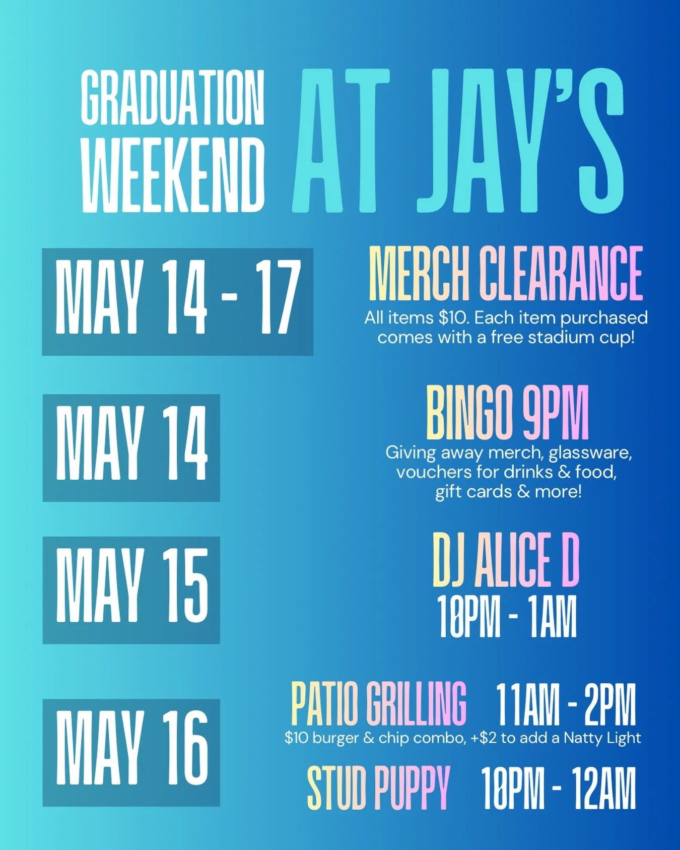You&rsquo;ve worked hard, now it&rsquo;s time to party hard 😎 

We have a full weekend planned starting Thursday with our merch clearance &amp; bingo. Then we&rsquo;ll have @alice.d.project here on Friday night &amp; @studpuppymusic Saturday night. 