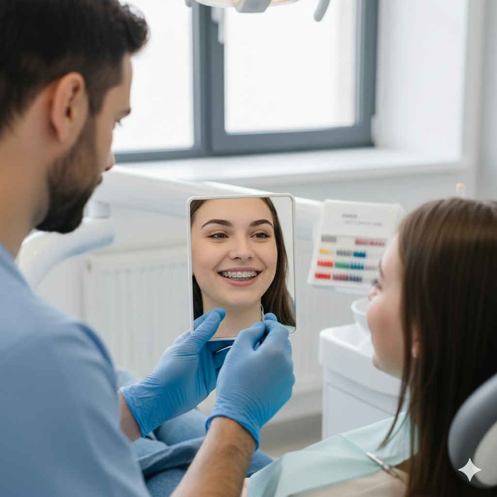 A young girl at the dentist's office smiling at her reflection in a mirror held by a male dentist with gloves, looking at her teeth.