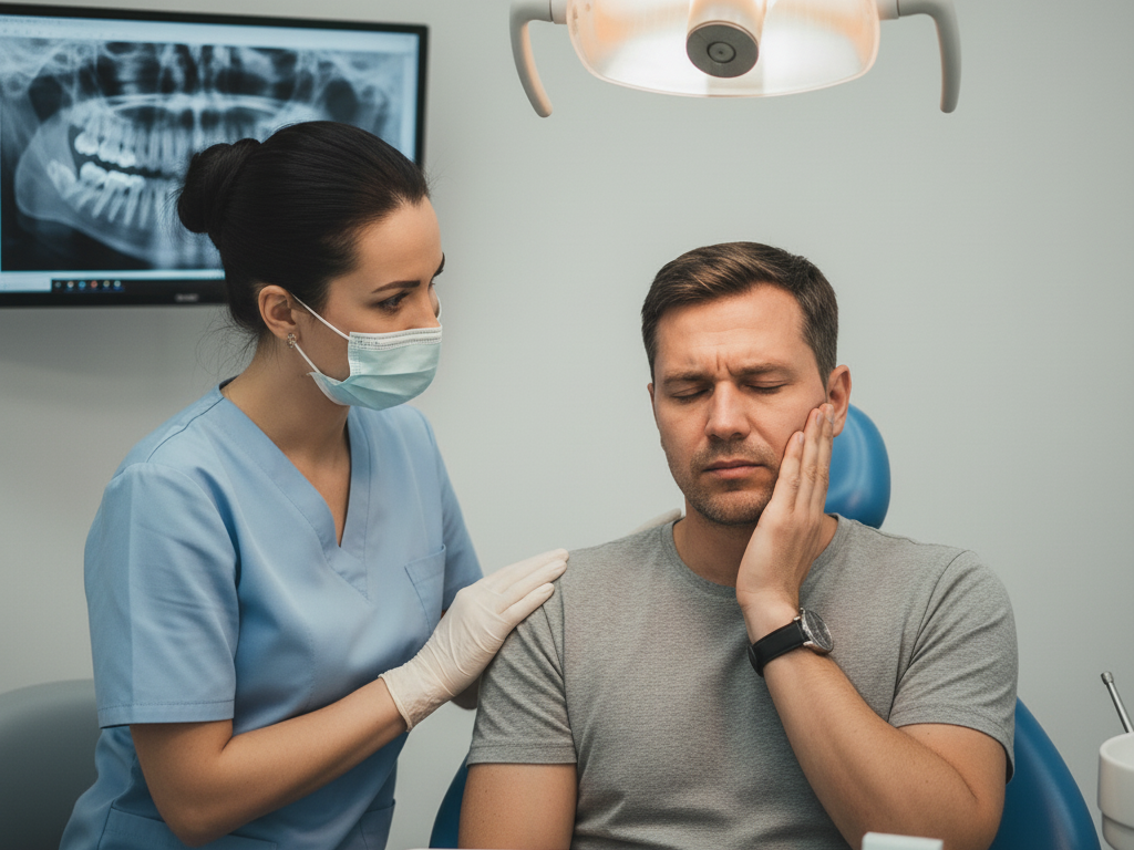A dentist or dental technician examines a patient's jaw while a monitor displays a dental x-ray in the background.