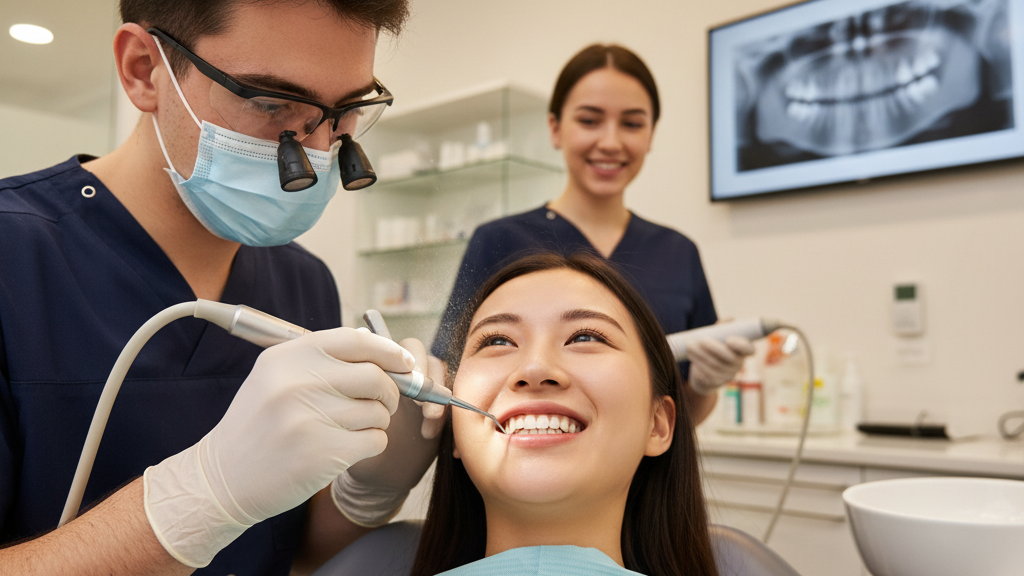 A young woman sitting in a dentist's chair smiling at a dentist who is using dental tools during a checkup. Two dental assistants are present, one in the background holding additional tools, and a digital x-ray of teeth displayed on a screen behind them.