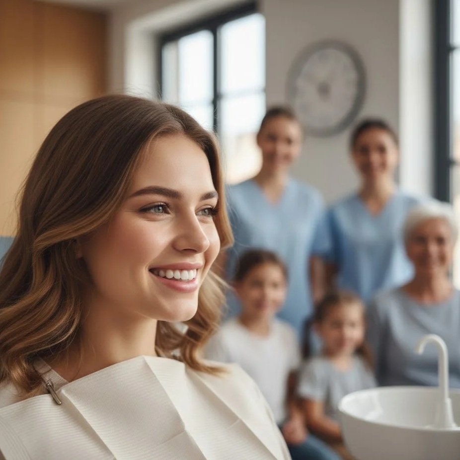 A young woman with shoulder-length brown hair smiling in a salon, with a group of women and children in medical scrubs in the background.