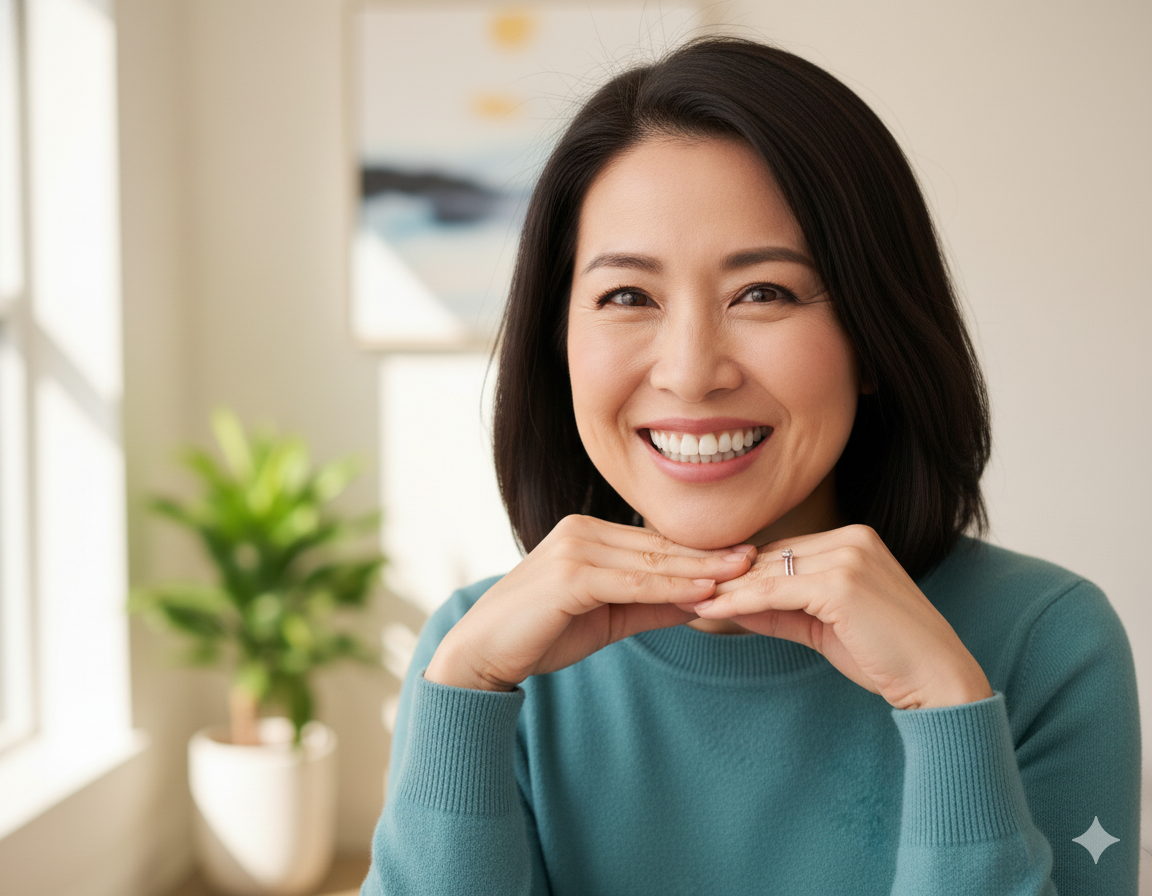 A woman with dark hair smiling and resting her chin on her hands in a room with a window and a potted plant in the background.