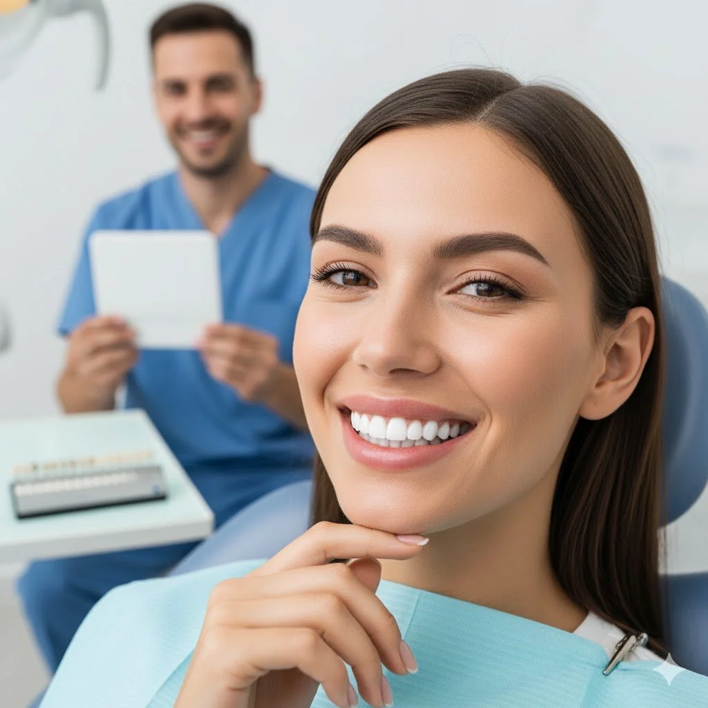 Young woman smiling and sitting in a dental chair with a dentist in the background holding a dental model in a dental clinic.