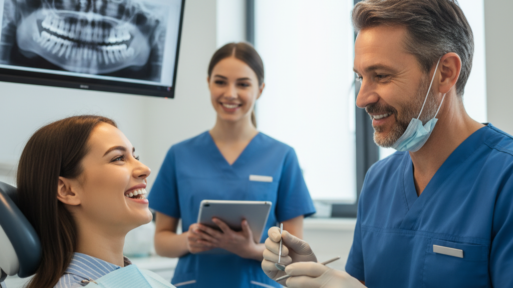 A dental professional smiling at a woman patient in a dental office with a digital X-ray of teeth on a monitor in the background.