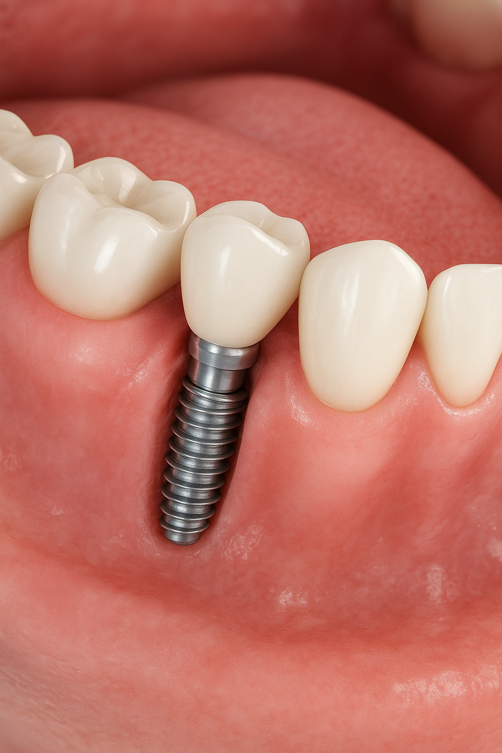 Close-up of a dental implant with a metal screw and a porcelain crown in a person's mouth.