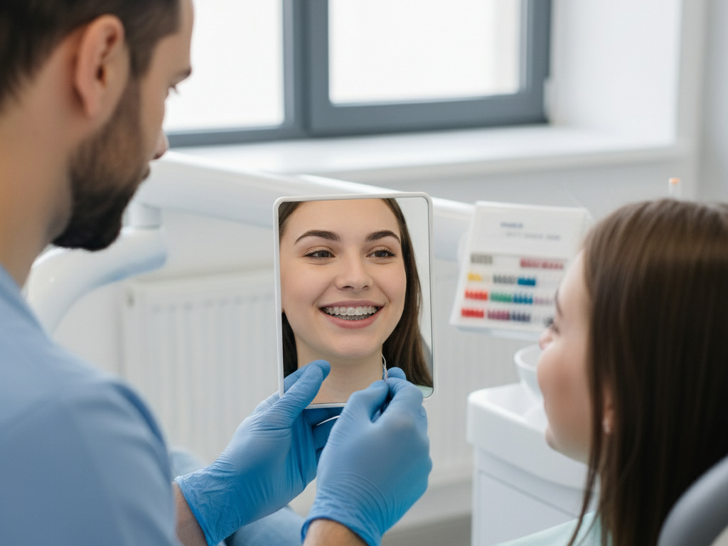 Dentist holding a mirror to a smiling teenage girl with braces, while the girl looks into the mirror, in a dental office.