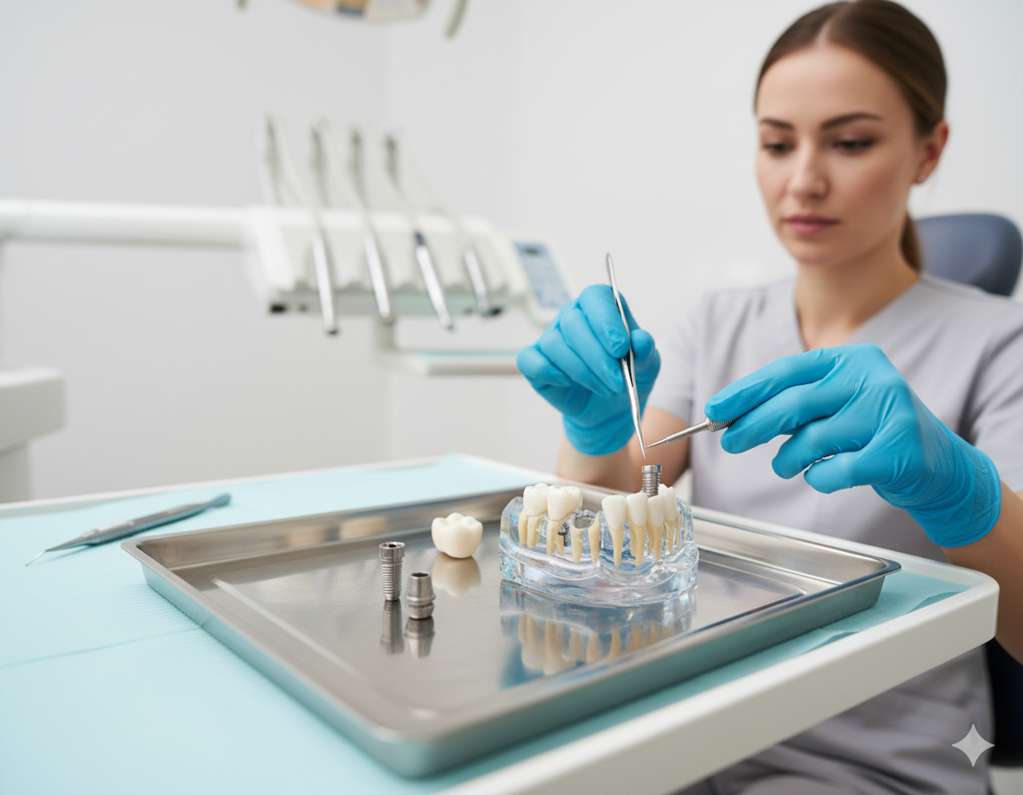 A woman in blue gloves working on a dental prosthetic on a model of teeth in a dental clinic.