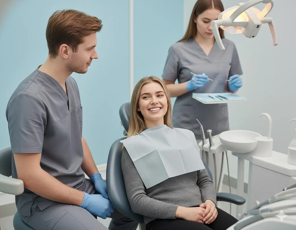 A young woman smiling in a dental chair at a dental clinic with two dental professionals attending to her, one standing beside her and the other taking notes.