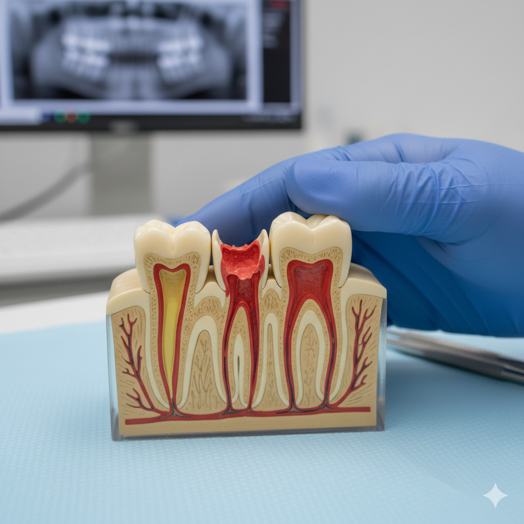 A dental model showing cross-section of teeth with decay in the middle tooth, held by a gloved hand, with a dental monitor in the background.