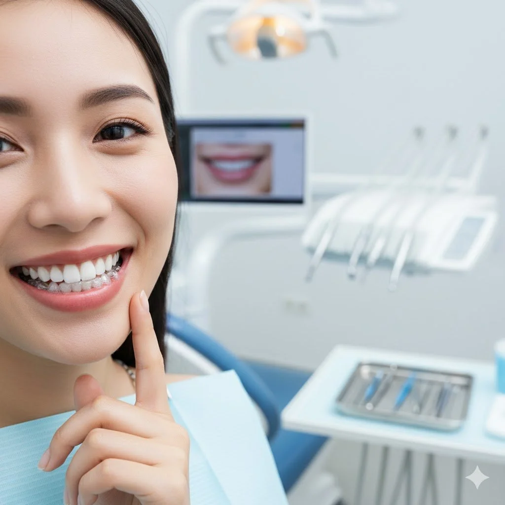 A smiling woman at the dentist office with her finger on her chin. Dental equipment and a monitor displaying a close-up of a person's smile are visible in the background.