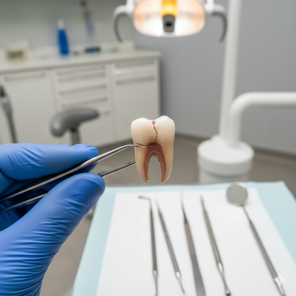 Close-up of a dental model of a molar tooth held by hand wearing a blue glove in a dental clinic.