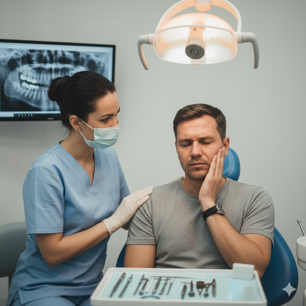 A male patient with a pained expression touching his cheek in a dental office. A female dental professional wearing a face mask, gloves, and scrubs examines him. An X-ray of teeth is displayed on a monitor in the background.