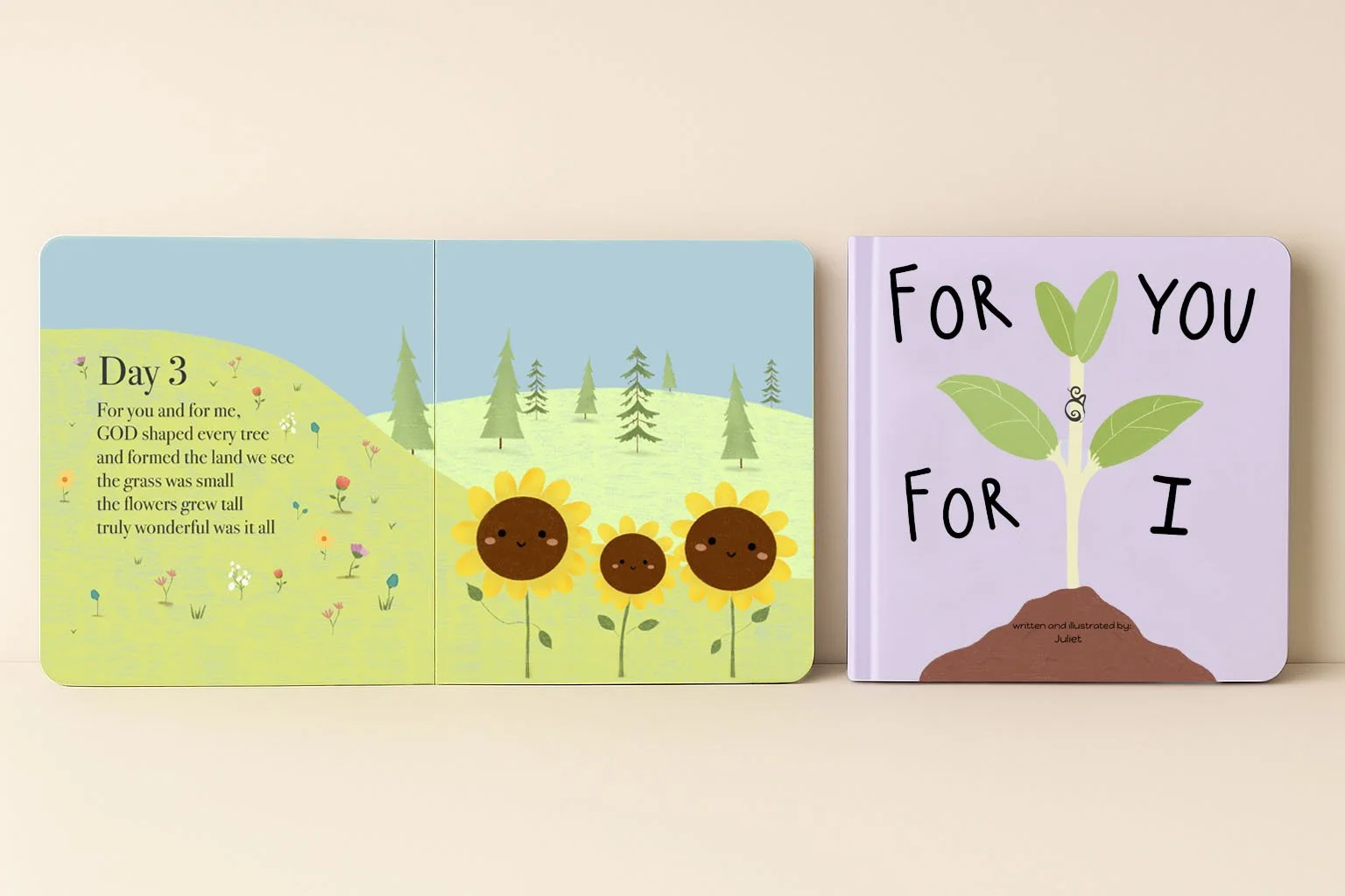 Inside pages of "For You & For I" Christian children's board book - illustrated Day 3 and Day 4 spread by Juliet