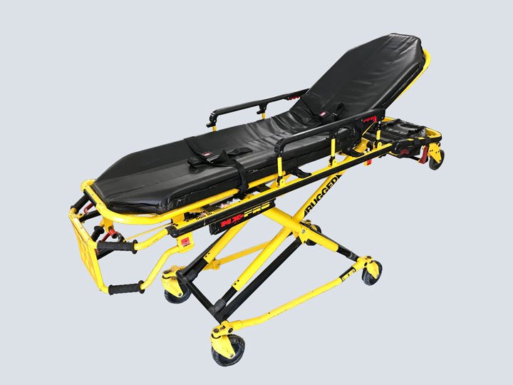 Yellow medical stretcher with black padding and wheels for patient transport.