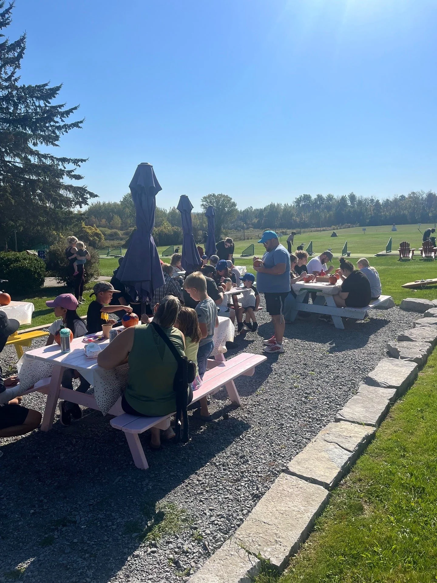 A group of people, including children, gathered around picnic tables outdoors on a sunny day, with some pumpkin decorations placed on the tables. There are purple umbrellas and a grassy field in the background.