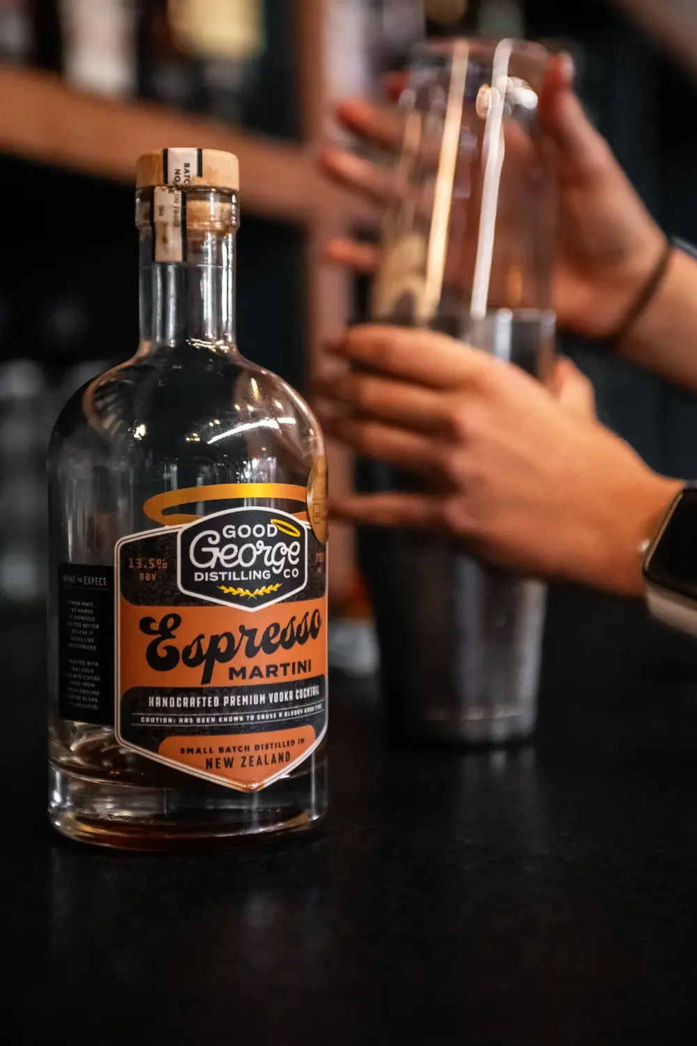 Bottle of Good George Espresso Martini being made.webp