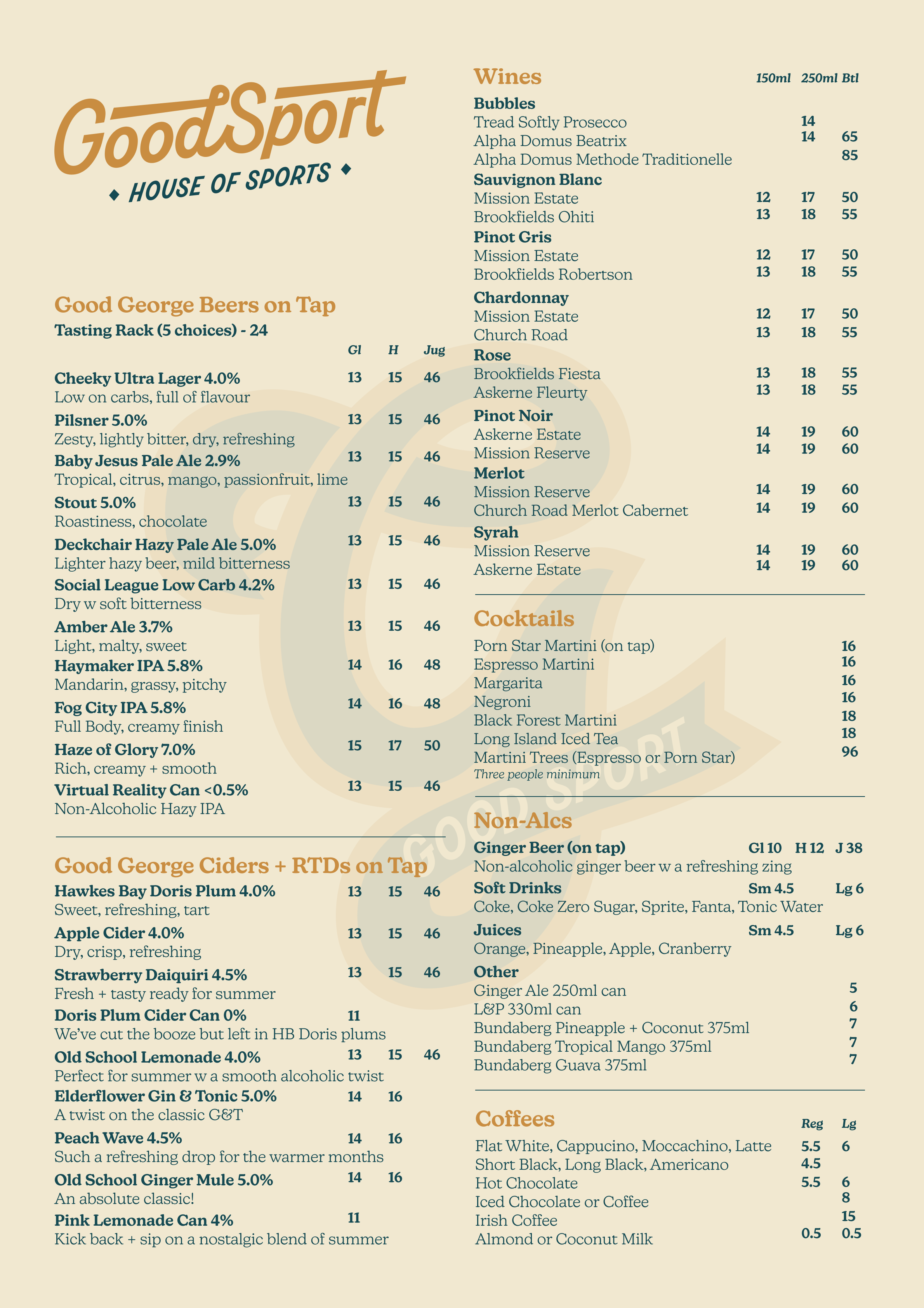A menu for GoodSport House of Sports featuring a selection of beers, wines, cocktails, non-alcoholic drinks, and coffees.