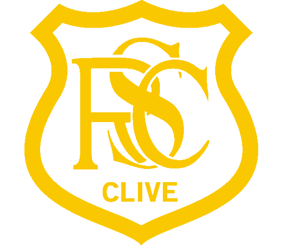 A black and yellow shield-shaped badge with interlocking letters F, S, and C, and the name Clive at the bottom.