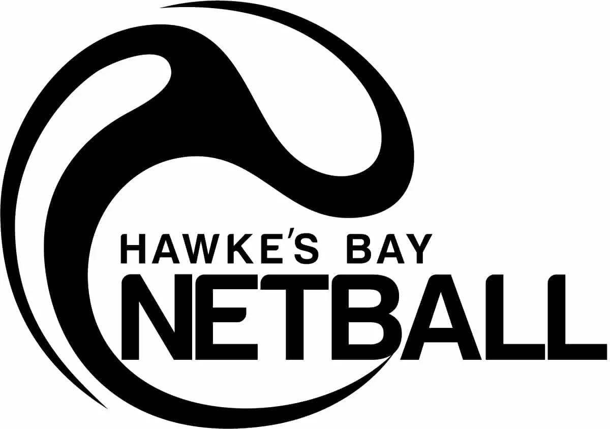 Logo of Hawke's Bay Netball featuring a stylized netball and the text 'Hawke's Bay Netball' in black and white.