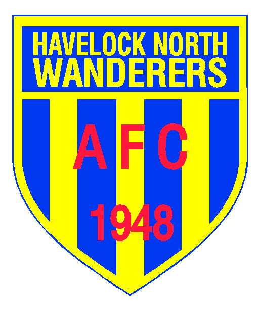 Havelock North Wanderers Football Club badge with blue and yellow vertical stripes, red lettering, and the year 1948.