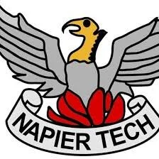 A falcon with outstretched wings emerging from a red and white rose, with a banner reading 'Napier Tech' beneath it.