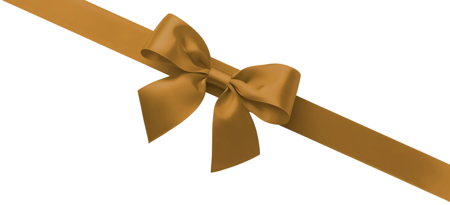 A gold ribbon with a bow, extending diagonally across the image.